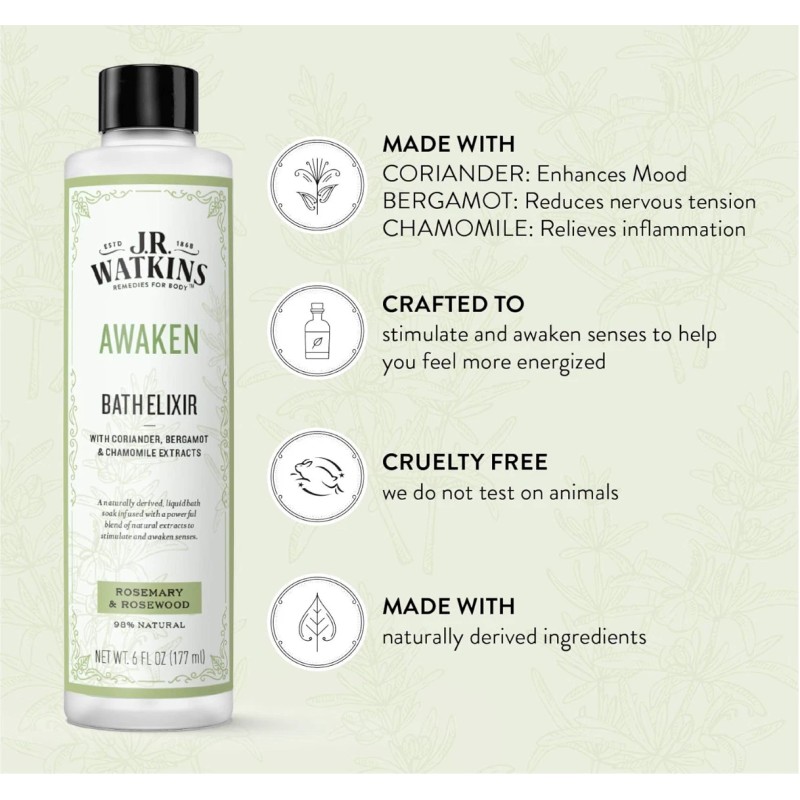 J.R. Watkins Awaken Bath Elixir, Liquid Bath Soak, Rosemary &