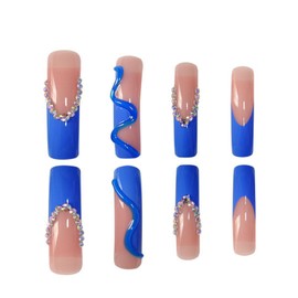 Curved Press on Nails Blue French Fake Nails Blue False Nails with Rhinestones Designs Curved Nail Tips Sparkly Artificial Nails XXL Long Square Nail Press ons Cute Stick on Nails for Women 20Pcs