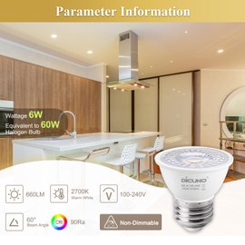 DiCUNO PAR16 LED Bulb 60W Equivalent, 6W Short Neck Spotlight Bulb, 660Lumen, 2700K Warm White, High CRI of 90, E26 LED Bulb for Recessed Light, Non-dimmable, 60° Beam Angle, Pack of 6
