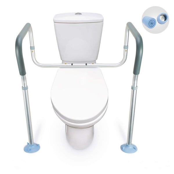 OasisSpace Toilet Rail - Medical Bathroom Safety Frame for Elderly, Handicap and Disabled - Adjustable Toilet Safety Handrail, 2 Additional Rubber Tips