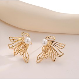 Butterfly Earrings for Women 14K Gold Plated Butterfly Pearl Stud Earrings Dainty Wedding Statement Trendy Jewelry