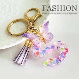 JINGUAZI Initial letter Keychains for Women Tassel Butterfly Pink Cute Car Keychain for Wallet Purses Backpack (Purple S)