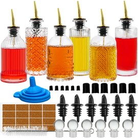 Coffee Syrup Dispenser Simple Small Glass Bottle 6 Pcs for Coffee Bar Accessories with Dust Lids Pour Spout, Glass Stopper, Cleaning Brush. Vanilla, Caramel, Syrup, Honey, Condiments Dispenser