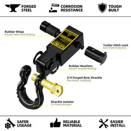 SAMOUT Shackle Hitch Receiver for 2in Receiver, 66000Lbs MBS (11000Lbs WLL), Forged Steel 3/4 D-Ring Included, with Trailer Hitch Lock