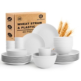BUSOKIP 40PCS Kitchen Plates and Bowls Set, Plastic Dinnerware Sets - White