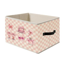 FITIE Pink and White Checkered Girly Storage Bin Box with Handles, Coquette Pink Bow Preppy Bow Foldable Organizer Basket Toybox for Girls Room Dorm Bedroom Bathroom Clothes Toys Books