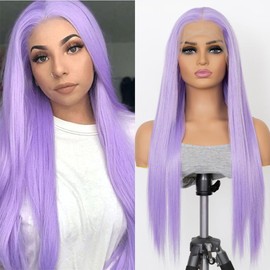 ELESTY Long Straight Lace Front Wig Light Purple Synthetic Lace Front Wigs for Women Middle Part Glueless Heat Resistant Fiber Hair Cosplay Party Wig