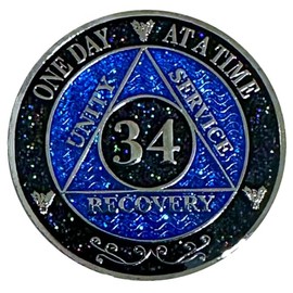 AA 34-Year Shiny Fancy Glitter Recovery Medallion, Alcoholics Anonymous Recovery Sober Silver Color Metal Coin, Shiny Blue And Black Rainbow Glitter, AA Sobriety Chip