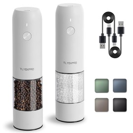 Electric Salt and Pepper Grinder Set, USB Rechargeable, Automatic Salt and Pepper Mill Grinder with Adjustable Coarseness, Electric Salt Shakers, LED Light, Refillable (2 Packs, White)