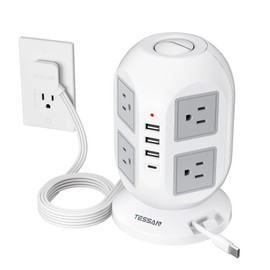 Tower Power Strip Surge Protector 10 Ft, TESSAN Flat Plug Extension Cord with Multiple Outlets, 8 AC Outlets, 4 USB Ports (1 USB C), 1 Built-in USB Cable, Desk Charging Station for Home Dorm Office