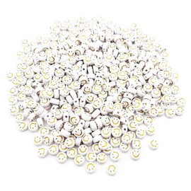 500PCS 4x7mm Acrylic Smiley Face Beads for Friendship Bracelets Jewelry Making, White Round Flat Acrylic with Golden Smile Face Beads for DIY Crafts Bracelets Necklaces Key Chains Phone Lanyard