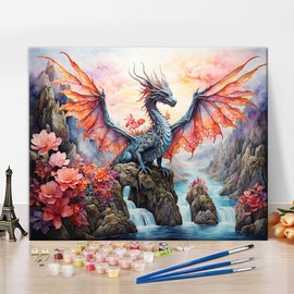 Dragon Colour by Numbers Kit for Adults, Winged Dragon DIY Oil Painting Kit, Abstract Canvas Acrylic Pigment Pink Landscape Painting Art Craft for Home Wall Decor Gift 16 x 20 Inches