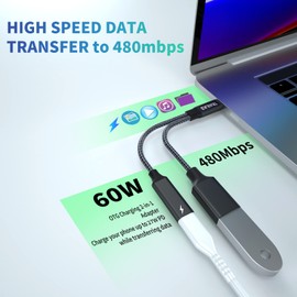 TRANLIKS USB C OTG Adapter with Charging, 2 in 1 USB C Splitter with 60W USB C Charging and USB Female Compatible with MacBook, Chromecast with Google TV and other USB C Devices - Black