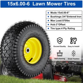 15x6.00-6 Lawn Mower Tires, 4 Ply Lawn Mower Tires 15x6x6, Front Lawn Tractor Tires, 3” Offset Hub Long with 3/4” Bushings Garden Tire for Riding Lawn Mower- 2Pack