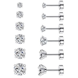 Thokono 6 Pairs of Earrings Stud Earrings Set Stainless Steel Hypoallergenic Sparkling CZ Diamond Stud Earrings Cubic Zirconia Stud Earrings for Women Men Girls Men 3 mm - 8 mm, Stainless Steel, CZ