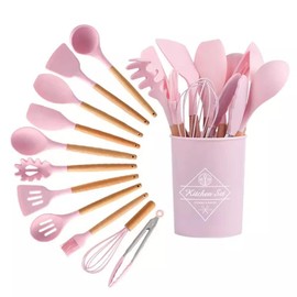 12 Pieces Of Silicone Cooking Kitchen Utensils Set, With Stand, Wooden Handle Cooking Tools, BPA Free, Non-Toxic Turner Pliers Spatula Spoon Kitchen Gadget Suit, For Non-Stick Cookware (Pink)