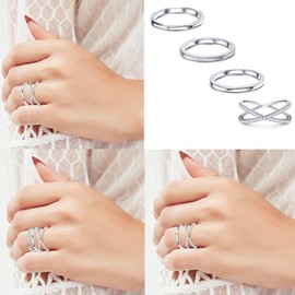 Milacolato 4 Pieces Stainless Steel Stacking Wedding Band Rings, Women’s CZ Criss Cross Ring, Girls, Engagement, Eternity, Knuckle, Mid Ring Set, Silver/Rose Gold, Silver