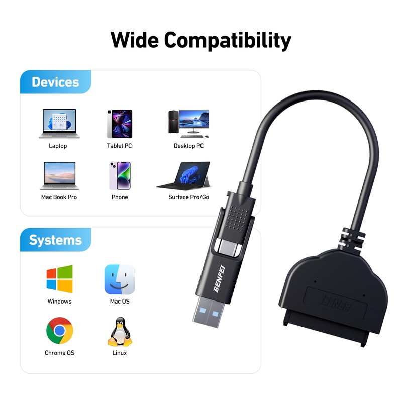 BENFEI SATA to USB Cable, 2in1 USB-C/USB 3.0 to SATA