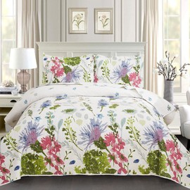 Jarson Floral Quilts Set Twin Size, 3Pcs Lightweight Summer Bedspreads, Country Purple Flowers Bedding, Botanical Plant Reversible Coverlets Microfiber Bed Cover (1 Quilt +2 Pillow Shams)