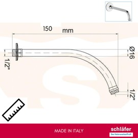 Schläfer 137210 | Shower Arm 1/2 Inch Angled 45° Chrome-Plated Brass with Rosette for Wall Mounting, Shower Hose Diameter 16 mm, Length 150 mm, Universal Connections 1/2 Inch G, Curved Shower Arm