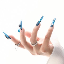 Chic Chit Press On Nails: Ms. Rodeo, Hand Made coffin,jeans blue gothic silver angel butterfly skull pearl chain, M size