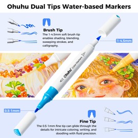 Ohuhu Markers for Adult Coloring Books No Bleeding 64 Colors Water-based Coloring Markers Dual Tips Drawing Pens for Kids Adults Beginners Lettering Journaling (Brush & Fine)