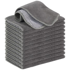 VIVOTE Microfibre Dishcloths, Washable Tea Towels with Poly Mesh Scouring Side, Kitchen Household Cloths, Cloths, Kitchen, Pack of 12, 20 cm x 20 cm (Grey)