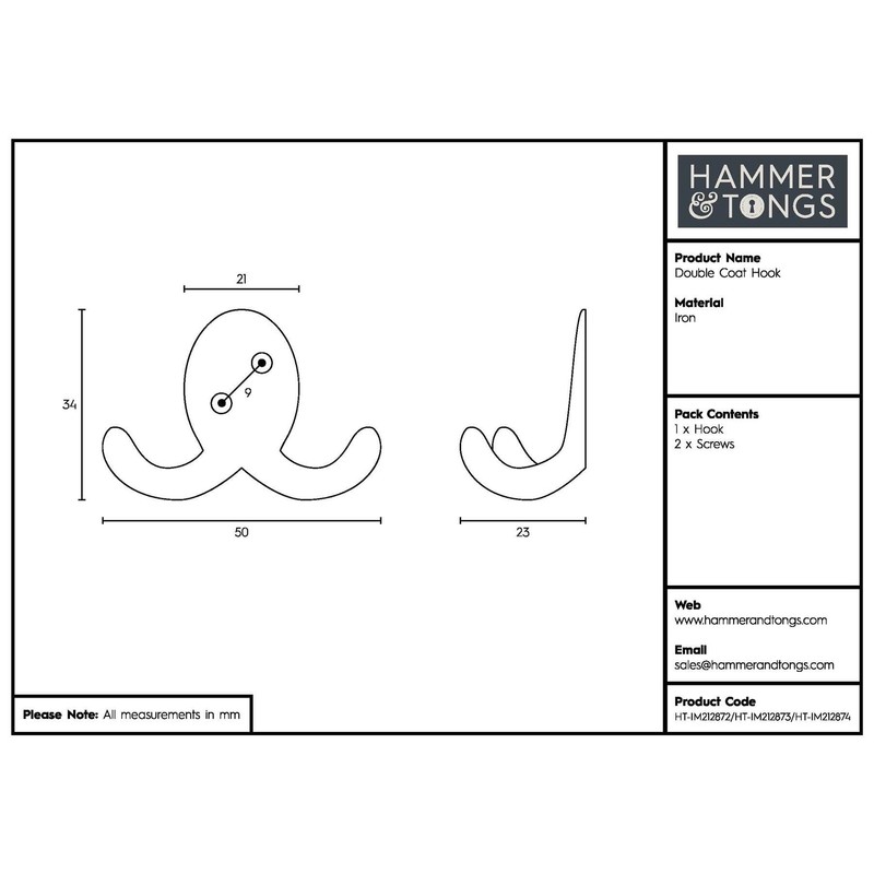 Hammer and Tongs - Double Coat Hook - W50mm x