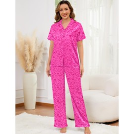 SWOMOG Women Satin Pajamas Set Short Sleeve Top & Pants Sleepwear Silky Button Down Nightwear 2pcs Loungewear,Hot Pink Leopard Large