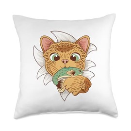 Angel Fishing, lustige Sprüche Cat with Fish in Mouth Comic Graphic for Men Women Children Throw Pillow, 18x18, Multicolor