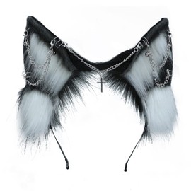 VIGVAN Wolf Ear Headband and Tail Set Fluffy Plush Wolf Cosplay Costumes (Black White)