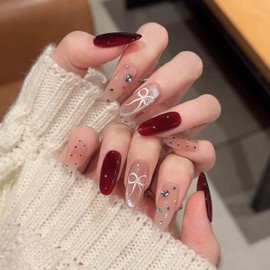 24Pcs Almond Press on Nails Medium Wine Red Fake Nail with Rhinestones Designs Shiny Bow Dot Elegant Glue on Nails Full Cover Artificial Acrylic Nail for Women Manicure Accessories