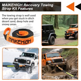 MAIKEHIGH Tow Strap Heavy Duty with Hooks, 2"×16ft 22,000Lbs Tow Rope with D-Ring Shackles (2pcs) + Protective Gloves (2pcs), Emergency Recovery Strap for Car Truck SUV ATV (Black-Orange)