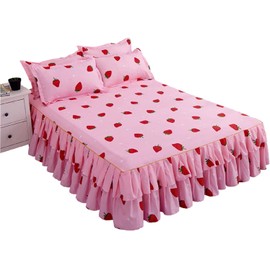 Loussiesd Cute Strawberry Bed Sheet for Girls Kawaii Japanese Anime Fitted Sheet 3 Side Coverage 14 Inch Drop Dust Ruffle Bed Skirt 3 Piece 1 Falt Sheet & 2 Pillowcases (Double)