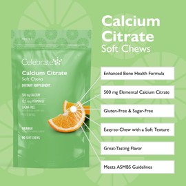 Celebrate Vitamins Bariatric 500mg Calcium Citrate Soft Chews with 500 IU Vitamin D3 – Essential for Gastric Bypass Patients & Bone Health - Sugar & Gluten Free, Orange (90 Chews)