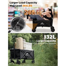 Naturehike Collapsible Beach Wagon with Big Wheels, 265LBS Utility Foldable Grocery Cart on Wheel Heavy Duty with Adjustable Handle, Portable Folding Wagon Cart with Wheel for Camping/Garden/Shopping