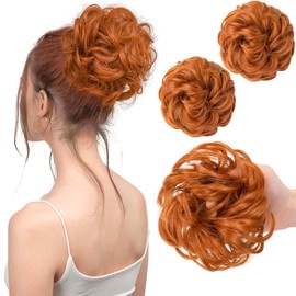 PORSMEER 2 Stücke Haarteil mit Gummiband Groß Dutt Haarteil Orange,Gelockt Haargummi mit Haaren Hochsteckfrisuren Haarverlängerung Messy Bun Scrunchies Haarteile für Damen Pferdeschwanz