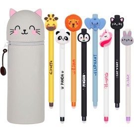 YNOUYRS Erasable Gel Pens - Set with Gel Eraser Pens + PVC Animal Patches, Animals of Ink Motif, Multiple Colours, Temperature Sensitive, Tip Diameter 0.7 mm (8 Animals)