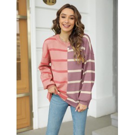 Fisoew Womens Striped Pullover Sweater Crew Neck Long Sleeve Knitted Color Block Casual Loose Lightweight Sweaters for Women