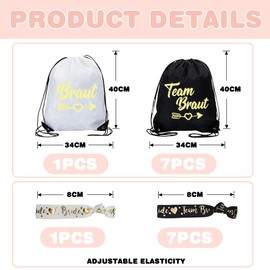 Pack of 8 Backpack JGA Team Bride, JGA Gym Bag Team Bride with Team Bride Bracelet, JGA Accessories Bride Gym Bag 34 x 42 cm, for Stag Night Bride Party, White