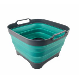 SAMMART 10L Collapsible Dish Pan with Drip Plug - Foldable Basin - Portable Dish Washing Tub - Space Saving Kitchen Storage (Grey/Turquoise Blue)