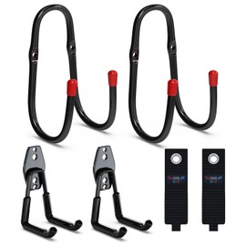 3-H Pack of 6 Wall Hooks Garage Heavy Duty Hooks Double Hooks Garage Storage Hooks with Bicycle Hooks Storage Strap for Ladder Bicycle Devices Garden Black