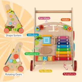 BABY JOY Wooden Baby Walker, Push and Pull Sit to Stand Learning Activity Center, Montessori Educational Toy, Push Walker with Wheels & Storage for Boys Girls