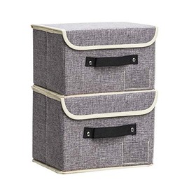 Small Storage Bins with Lids 2 Pack Linen Collapsible Cube Storage Basket with Handle, Jane's Home Foldable Fabric Storage Box with lids Organizer for Toys, Clothes Closet, Ornament Grey