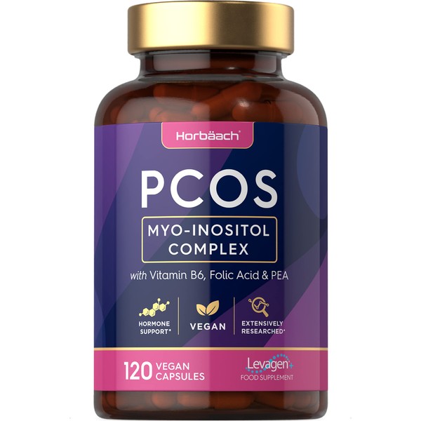 Inositol Supplement for PCOS | 120 Vegan Capsules | Myo-Inositol Complex with Folic Acid, Vitamin B6 and Levagen | Hormone Support | by Horbaach