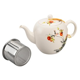 Amoysanli Teapot with Infuser Ceramic Tea Pot with Removable Stainless Steel Fliter for Loose Tea 15.80 OZ/450ml (1-2cups) Teapots for Tea Coffee Milk for Office Home Men Women White(Persimmon)