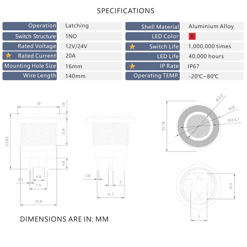 Ordentlich LED Latching Aluminum Push Button Switch 12-24V DC 20A