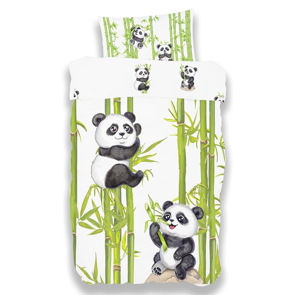 Koru Kids Panda Parure de lit pour enfant 100 x 135 cm 2 pièces avec taie d'oreiller 40 x 60 cm Parure de lit enfant 100 % coton Parure de lit réversible Oeko-Tex Parure de lit bébé
