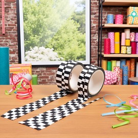 2Pcs Black and White Checkered Ribbon,Compact Checkerboard Pattern Paper Tape,Racing Car Theme Printed Plaid Checkered Ribbon,DIY Fade-Resistant Arts and Crafts Tape Adhesives Craft Supplies