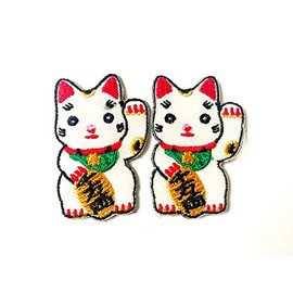 TH Set of 2 Tiny. Mini Lucky Cat Kitten Japan Japanese Sign Badge Cute Cartoon Logo Patches Sew Iron on Embroidered Applique Badge Sign Patch Clothing Costume